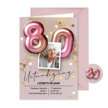 Stijlvolle uitnodiging 80 jaar vrouw ballonnen